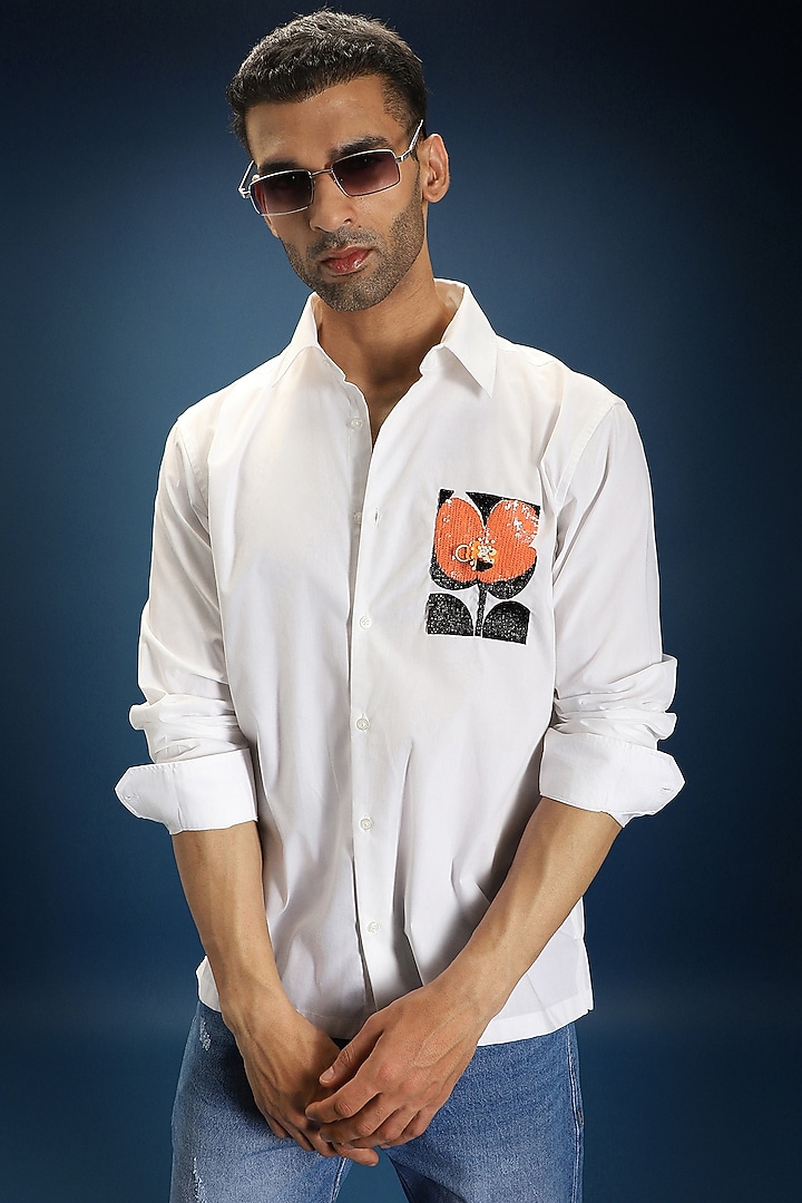 White Poplin & Cotton Hand Embroidered Party Wear Shirt by Komal Kothari at Pernia's Pop Up Shop