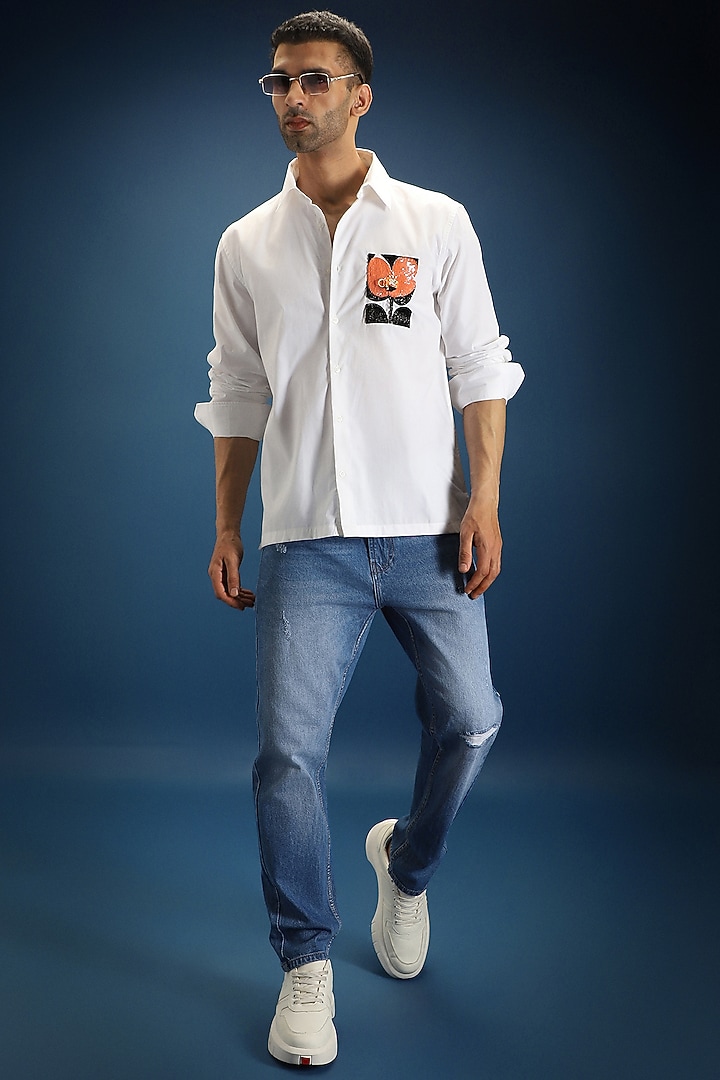 White Poplin & Cotton Hand Embroidered Party Wear Shirt by Komal Kothari at Pernia's Pop Up Shop