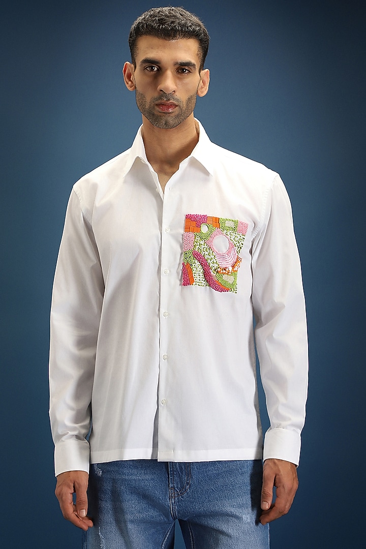 White Poplin & Cotton Hand Embroidered Party Wear Shirt by Komal Kothari at Pernia's Pop Up Shop