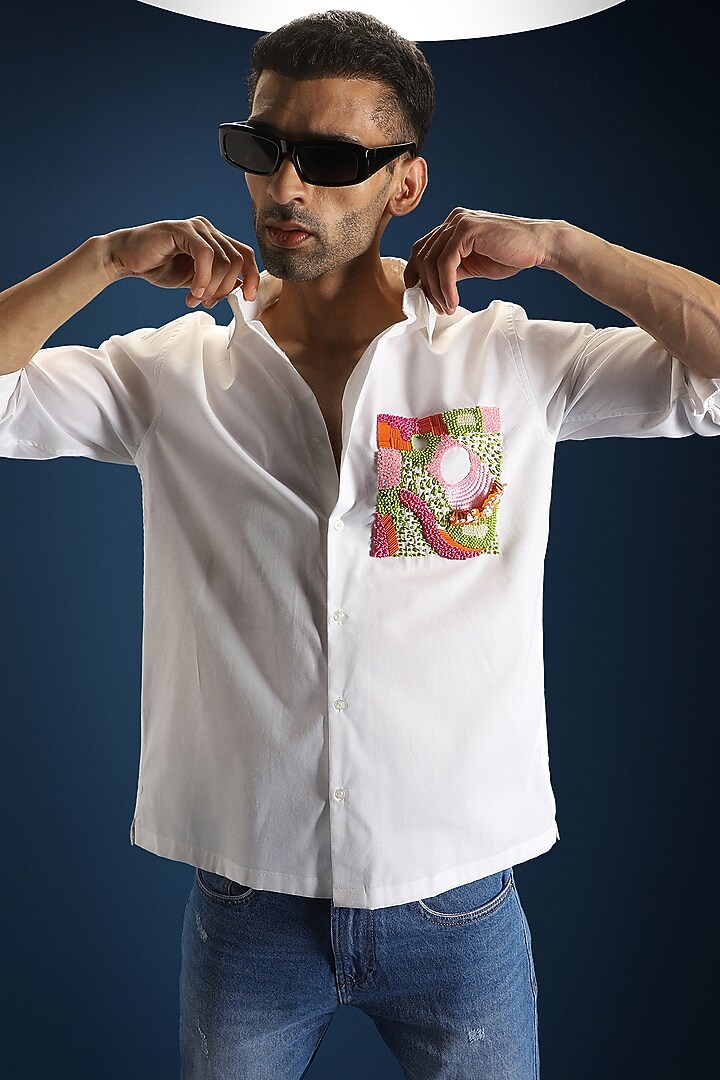 White Poplin & Cotton Hand Embroidered Party Wear Shirt by Komal Kothari at Pernia's Pop Up Shop