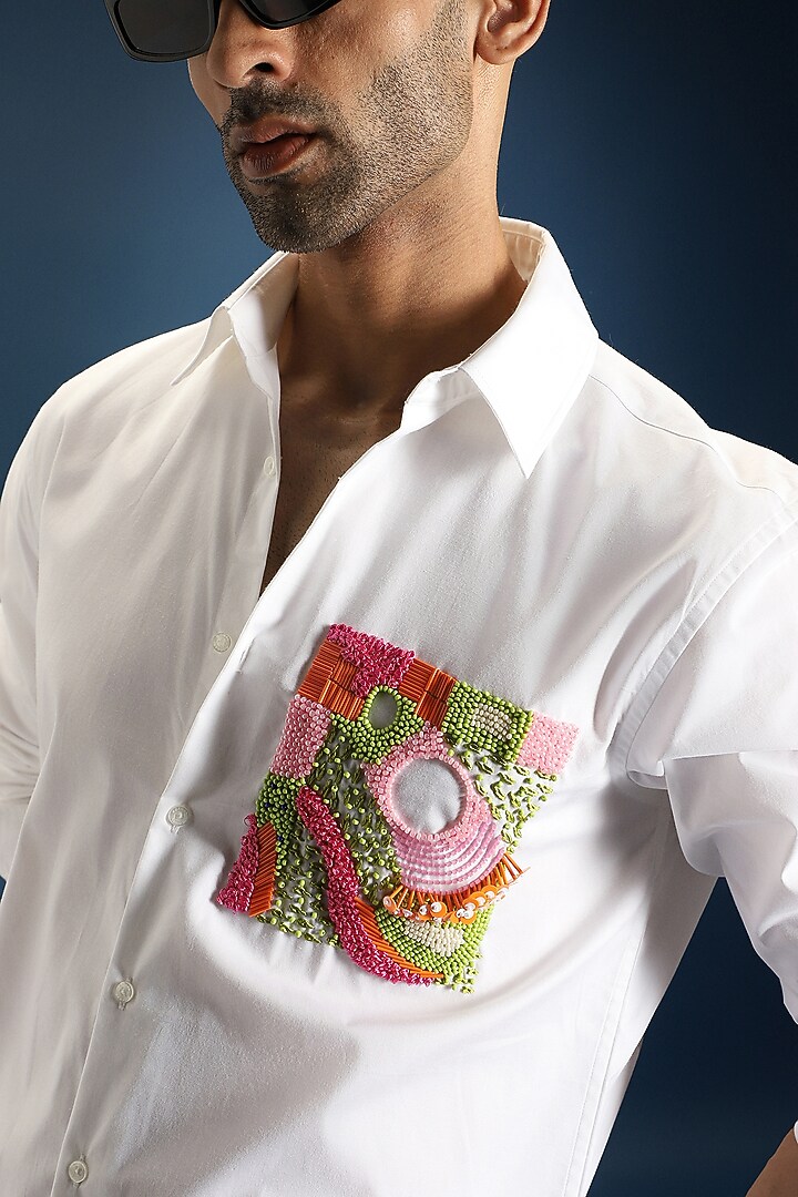 White Poplin & Cotton Hand Embroidered Party Wear Shirt by Komal Kothari at Pernia's Pop Up Shop