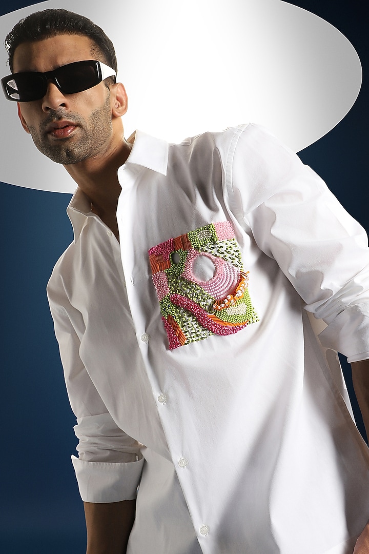 White Poplin & Cotton Hand Embroidered Party Wear Shirt by Komal Kothari at Pernia's Pop Up Shop