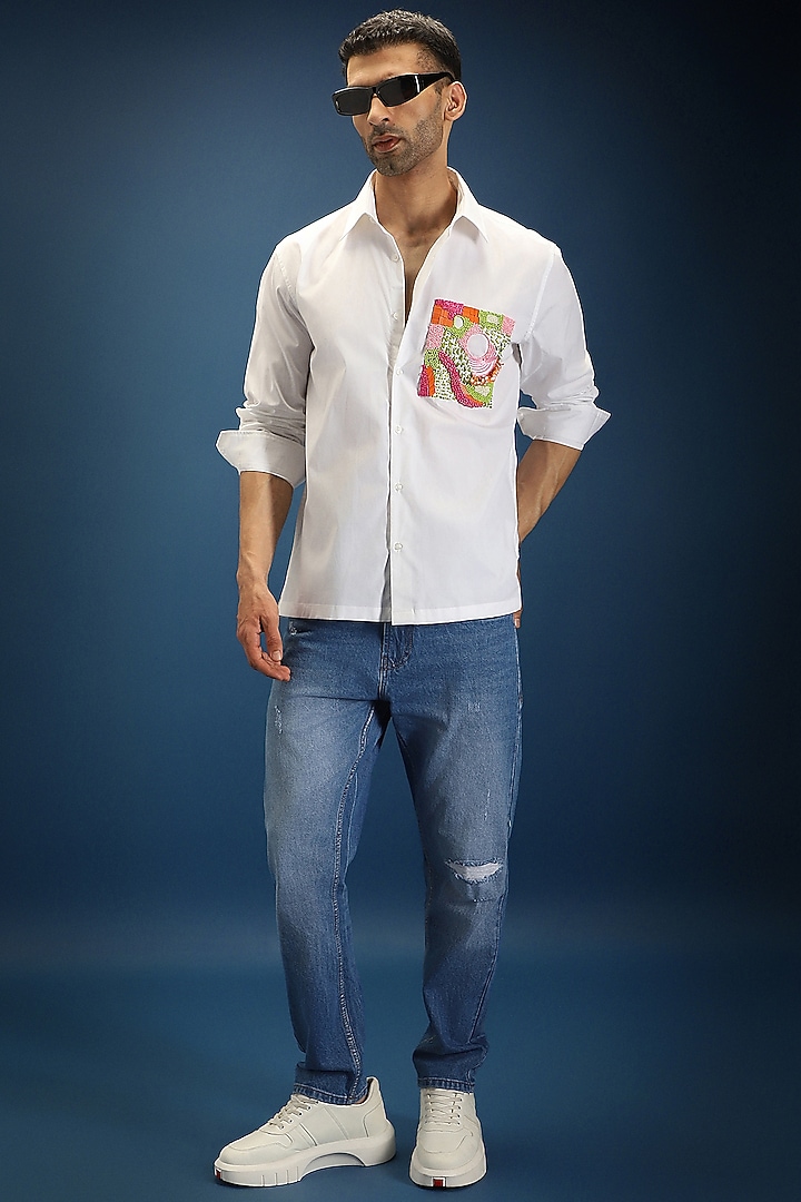 White Poplin & Cotton Hand Embroidered Party Wear Shirt by Komal Kothari at Pernia's Pop Up Shop