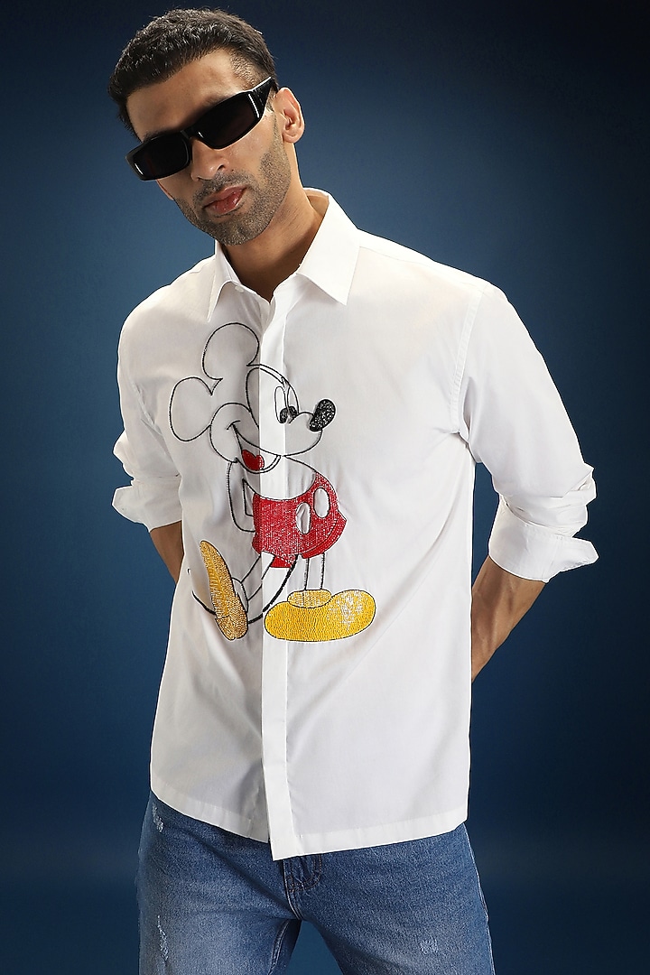 White Poplin & Cotton Mickey Mouse Hand Embroidered Party Wear Shirt by Komal Kothari at Pernia's Pop Up Shop