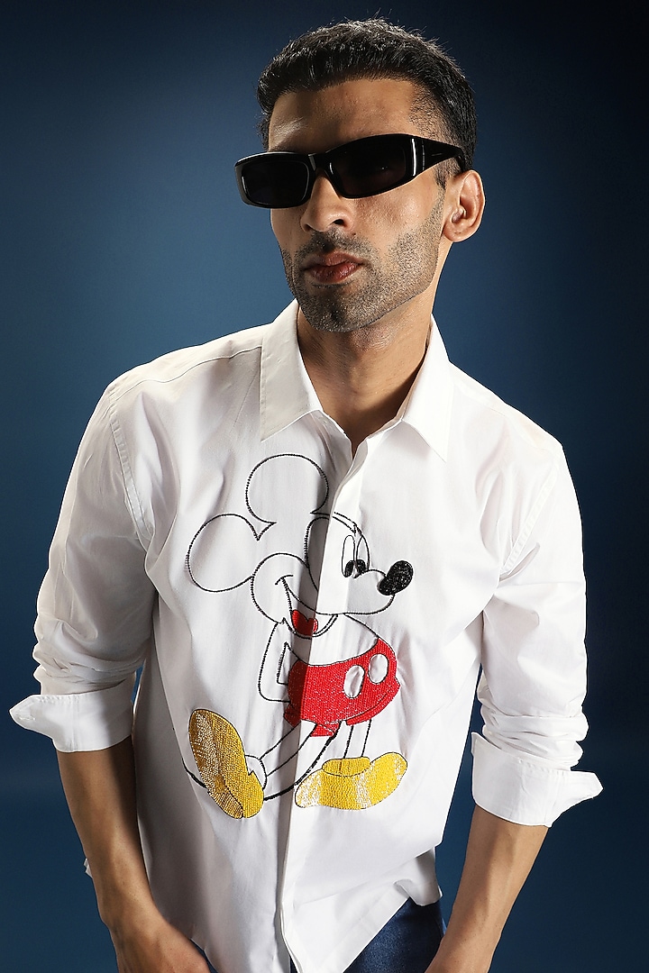 White Poplin & Cotton Mickey Mouse Hand Embroidered Party Wear Shirt by Komal Kothari at Pernia's Pop Up Shop