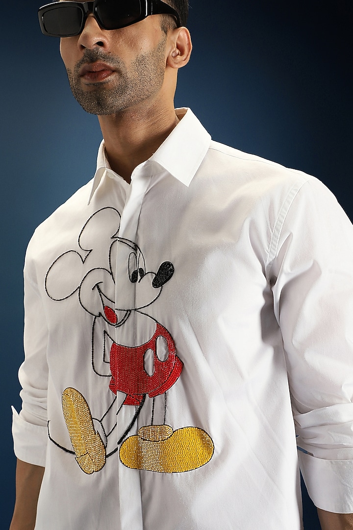 White Poplin & Cotton Mickey Mouse Hand Embroidered Party Wear Shirt by Komal Kothari at Pernia's Pop Up Shop