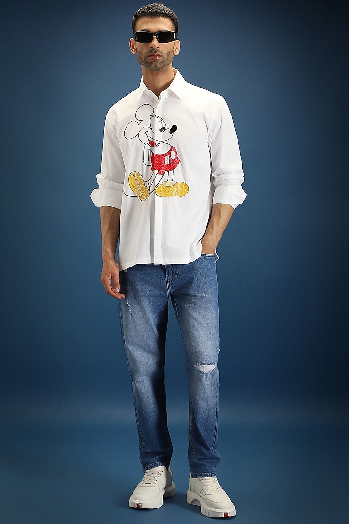 White Poplin & Cotton Mickey Mouse Hand Embroidered Party Wear Shirt by Komal Kothari at Pernia's Pop Up Shop