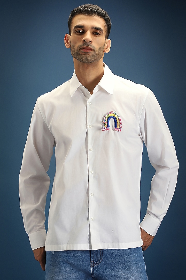 White Poplin & Cotton Hand Embroidered Party Wear Shirt by Komal Kothari at Pernia's Pop Up Shop