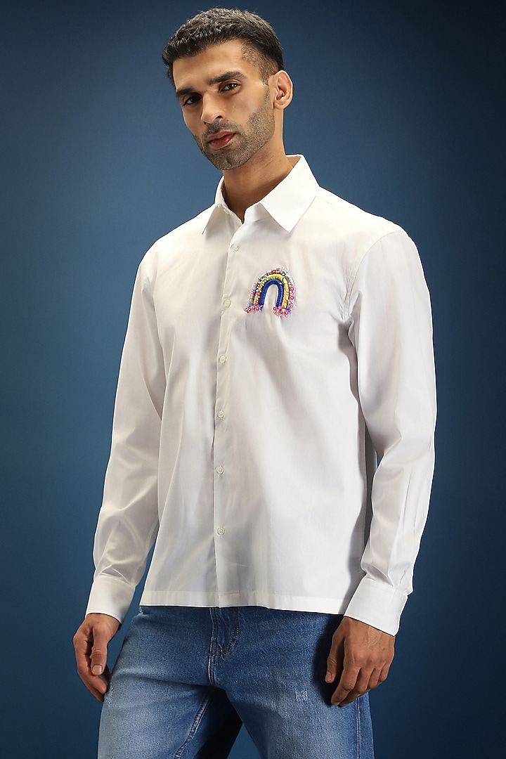 White Poplin & Cotton Hand Embroidered Party Wear Shirt by Komal Kothari at Pernia's Pop Up Shop