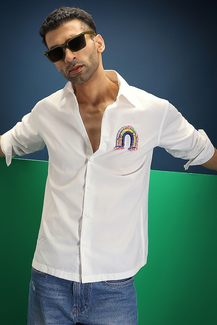White Poplin & Cotton Hand Embroidered Party Wear Shirt by Komal Kothari at Pernia's Pop Up Shop