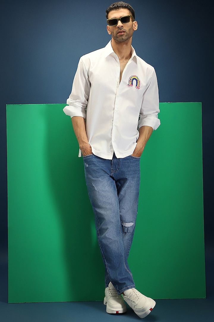 White Poplin & Cotton Hand Embroidered Party Wear Shirt by Komal Kothari at Pernia's Pop Up Shop