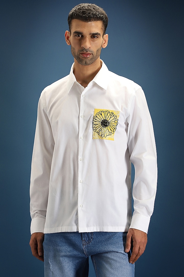 White Poplin & Cotton Sunflower Hand Embroidered Party Wear Shirt by Komal Kothari at Pernia's Pop Up Shop