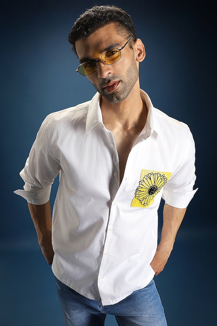 White Poplin & Cotton Sunflower Hand Embroidered Party Wear Shirt by Komal Kothari at Pernia's Pop Up Shop