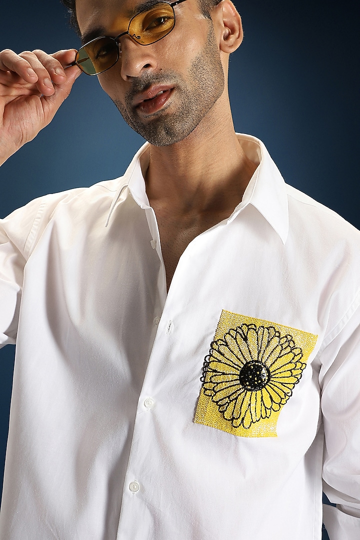 White Poplin & Cotton Sunflower Hand Embroidered Party Wear Shirt by Komal Kothari at Pernia's Pop Up Shop