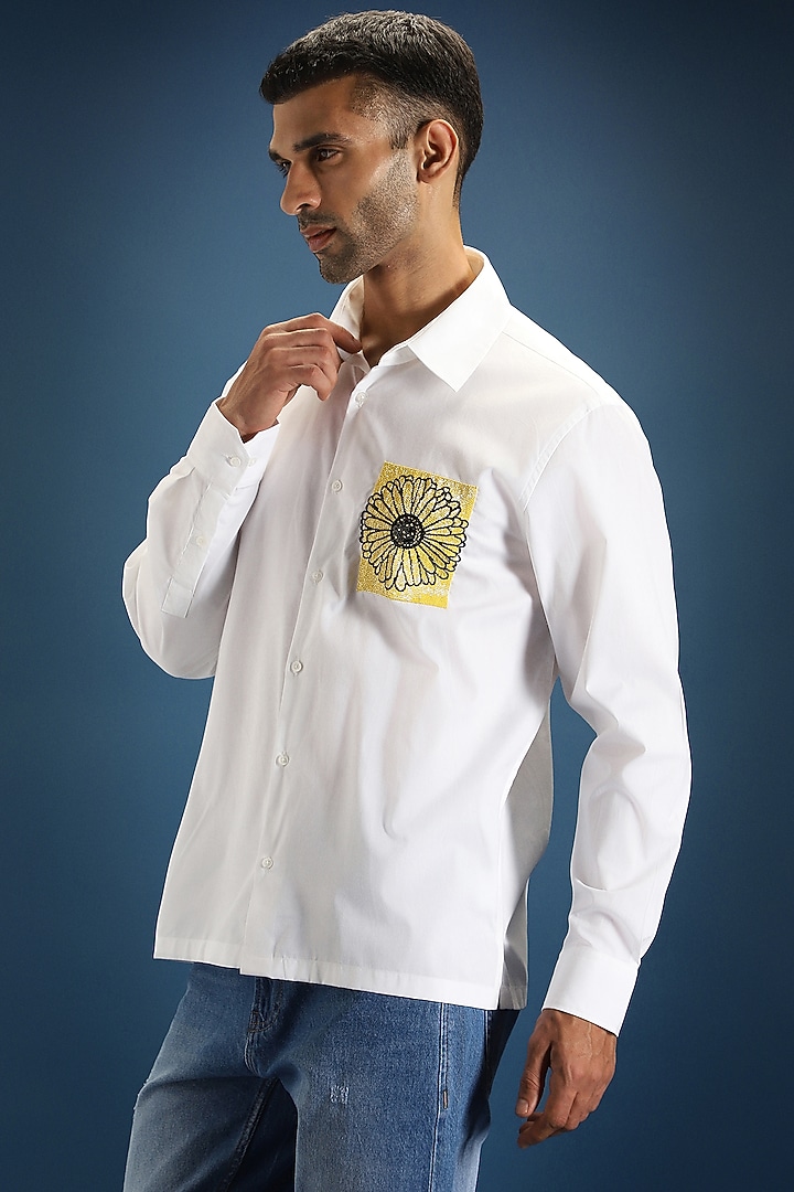 White Poplin & Cotton Sunflower Hand Embroidered Party Wear Shirt by Komal Kothari at Pernia's Pop Up Shop