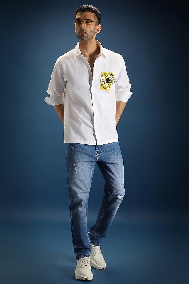 White Poplin & Cotton Sunflower Hand Embroidered Party Wear Shirt by Komal Kothari at Pernia's Pop Up Shop