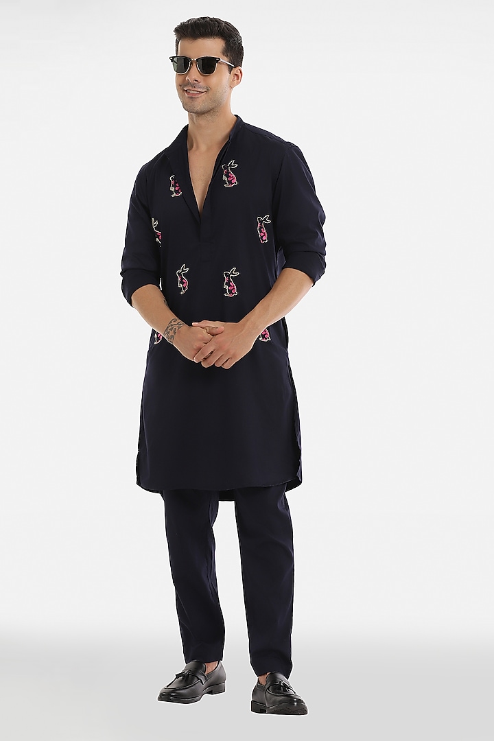Navy Blue Cotton handcrafted Kurta by Komal Kothari at Pernia's Pop Up Shop