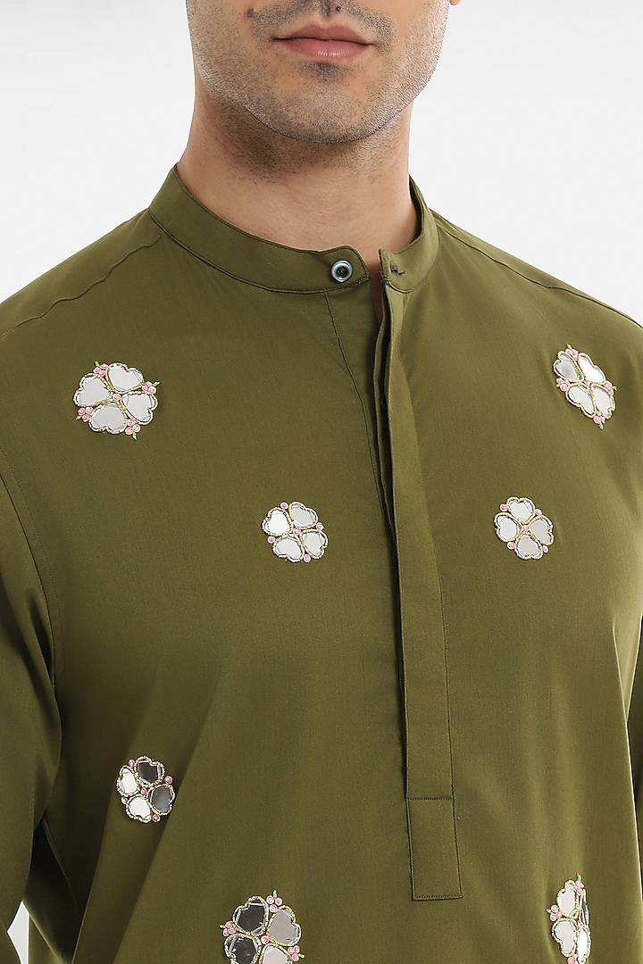 Olive Green Cotton Mirror Floral Work Kurta by Komal Kothari at Pernia's Pop Up Shop