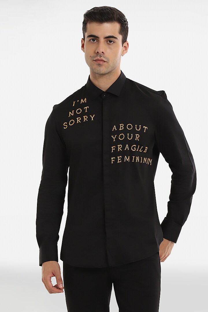 Black Cotton Handcrafted Party Wear Shirt by Komal Kothari at Pernia's Pop Up Shop
