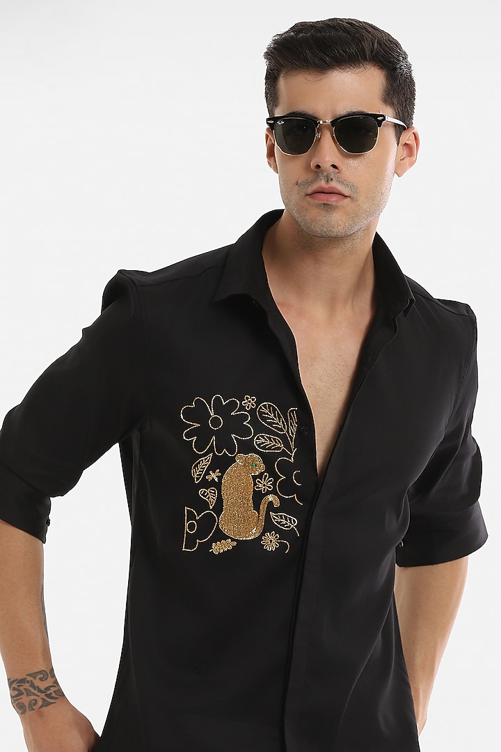 Black Cotton Handcrafted Party Wear Shirt by Komal Kothari at Pernia's Pop Up Shop