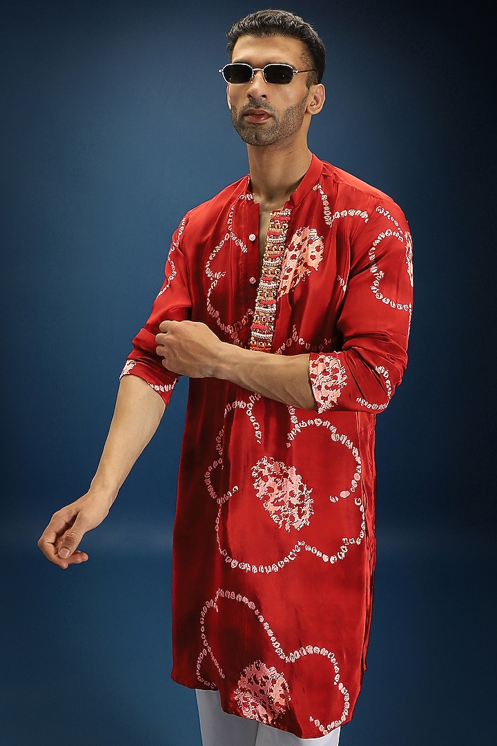 Red Italian Crepe Floral Bandhani Kurta by Komal Kothari at Pernia's Pop Up Shop