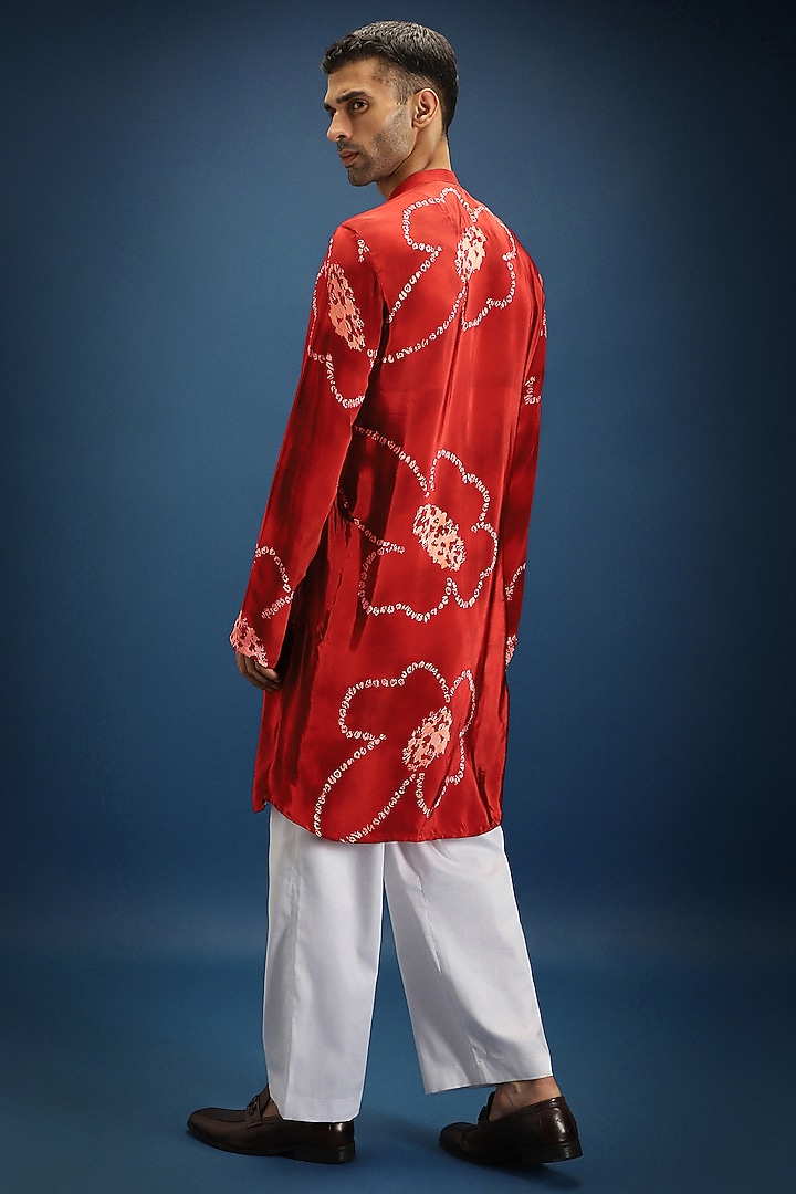 Red Italian Crepe Floral Bandhani Kurta Set by Komal Kothari at Pernia's Pop Up Shop