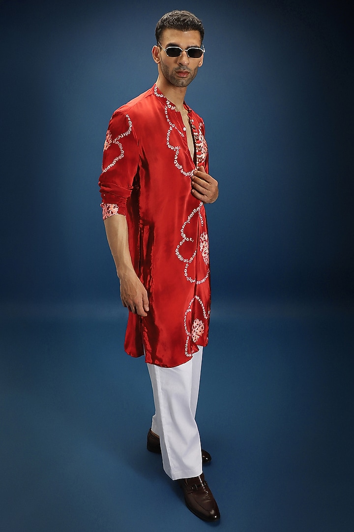 Red Italian Crepe Floral Bandhani Kurta Set by Komal Kothari at Pernia's Pop Up Shop