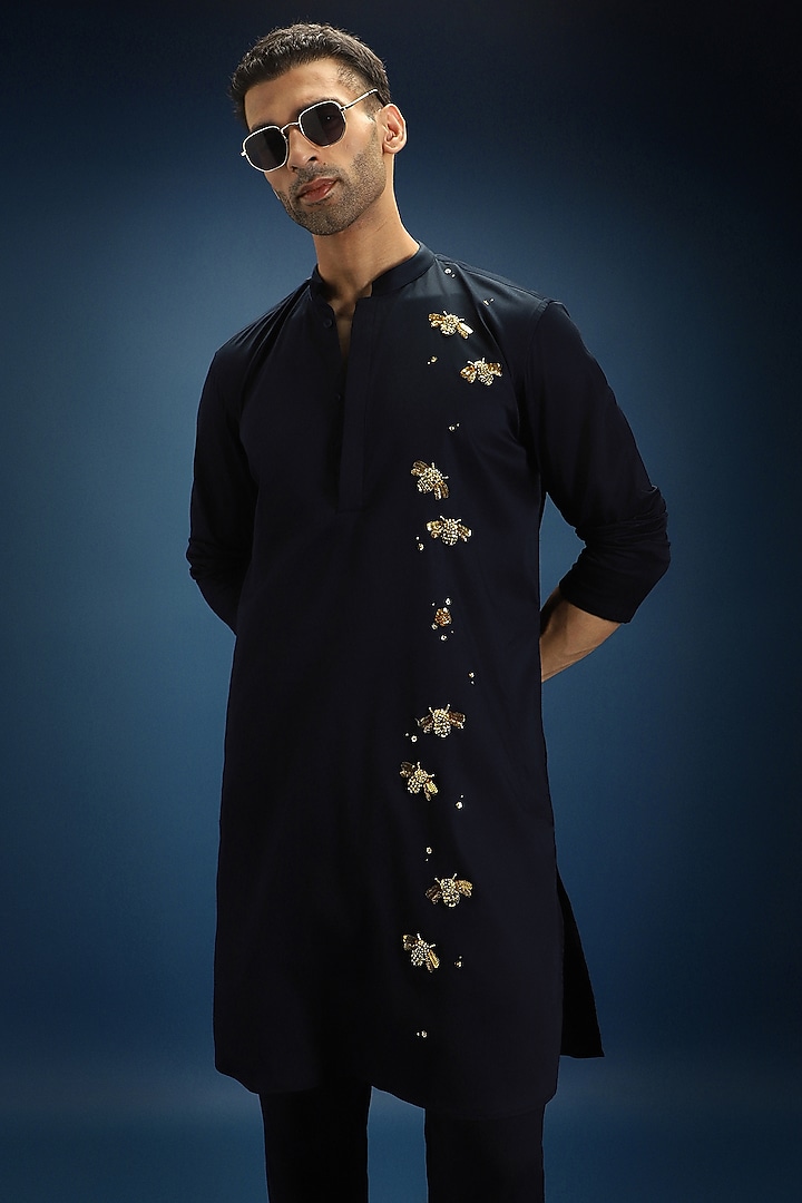 Navy Blue Cotton Hand Embroidered Kurta by Komal Kothari at Pernia's Pop Up Shop