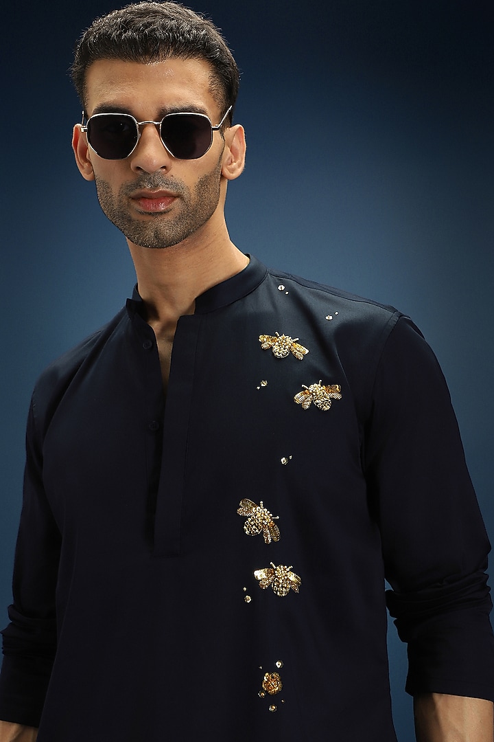 Navy Blue Cotton Hand Embroidered Kurta by Komal Kothari at Pernia's Pop Up Shop