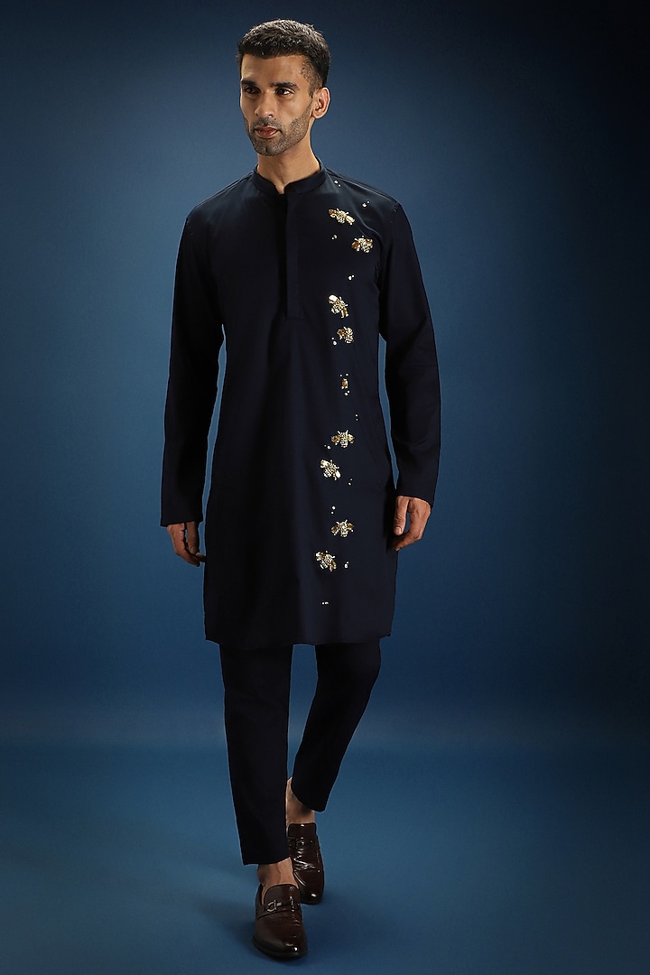 Navy Blue Cotton Hand Embroidered Kurta by Komal Kothari at Pernia's Pop Up Shop