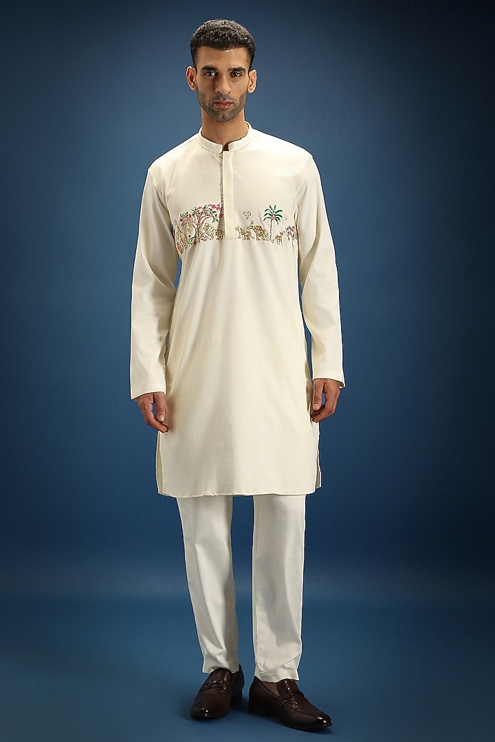 Ivory Cotton Jungle Hand Embroidered Kurta by Komal Kothari at Pernia's Pop Up Shop