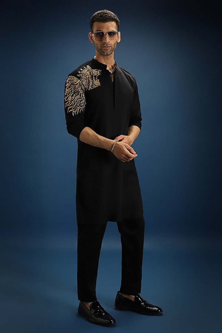 Black Cotton Lion Hand Embroidered Kurta Set by Komal Kothari at Pernia's Pop Up Shop