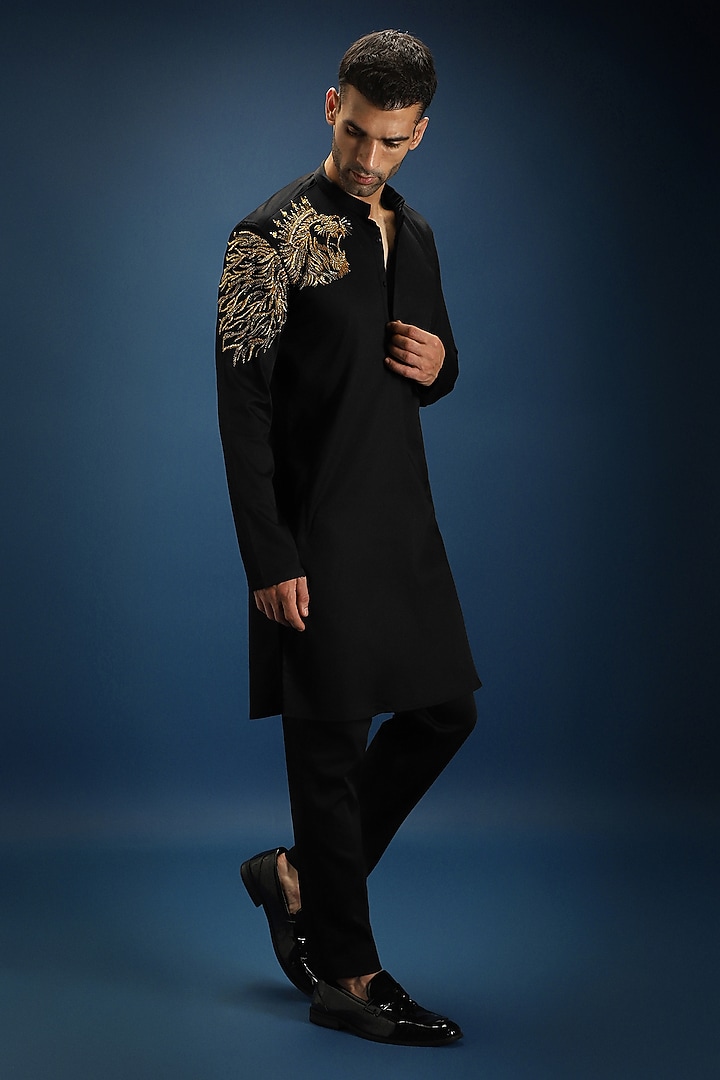 Black Cotton Lion Hand Embroidered Kurta Set by Komal Kothari at Pernia's Pop Up Shop
