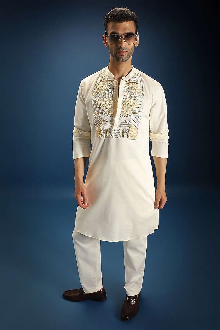 Ivory Cotton Pearl Hand Embroidered Kurta by Komal Kothari at Pernia's Pop Up Shop