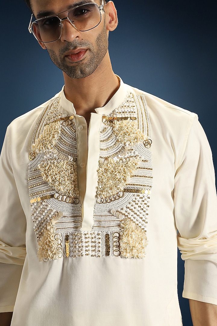 Ivory Cotton Pearl Hand Embroidered Kurta by Komal Kothari at Pernia's Pop Up Shop