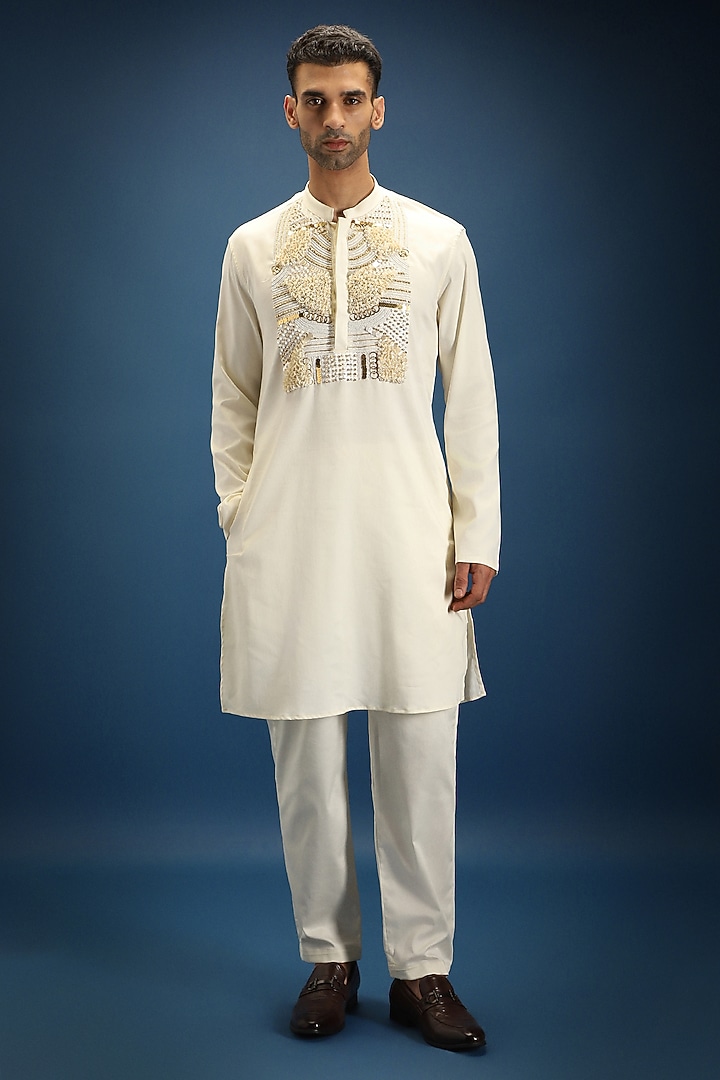 Ivory Cotton Pearl Hand Embroidered Kurta Set by Komal Kothari at Pernia's Pop Up Shop