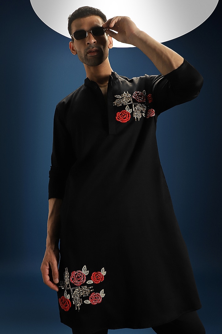 Black Cotton Rose Hand Embroidered Kurta by Komal Kothari at Pernia's Pop Up Shop