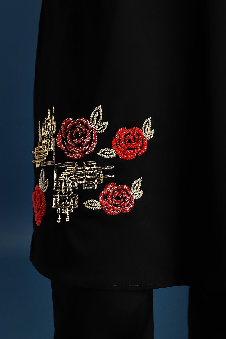 Black Cotton Rose Hand Embroidered Kurta by Komal Kothari at Pernia's Pop Up Shop