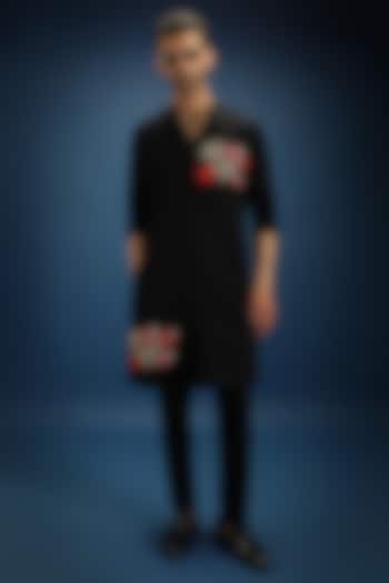 Black Cotton Rose Hand Embroidered Kurta Set by Komal Kothari at Pernia's Pop Up Shop