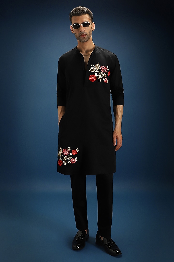 Black Cotton Rose Hand Embroidered Kurta Set by Komal Kothari at Pernia's Pop Up Shop
