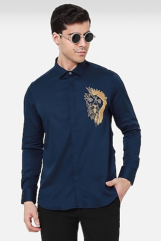 Blue Cotton Embellished Shirt by Komal Kothari