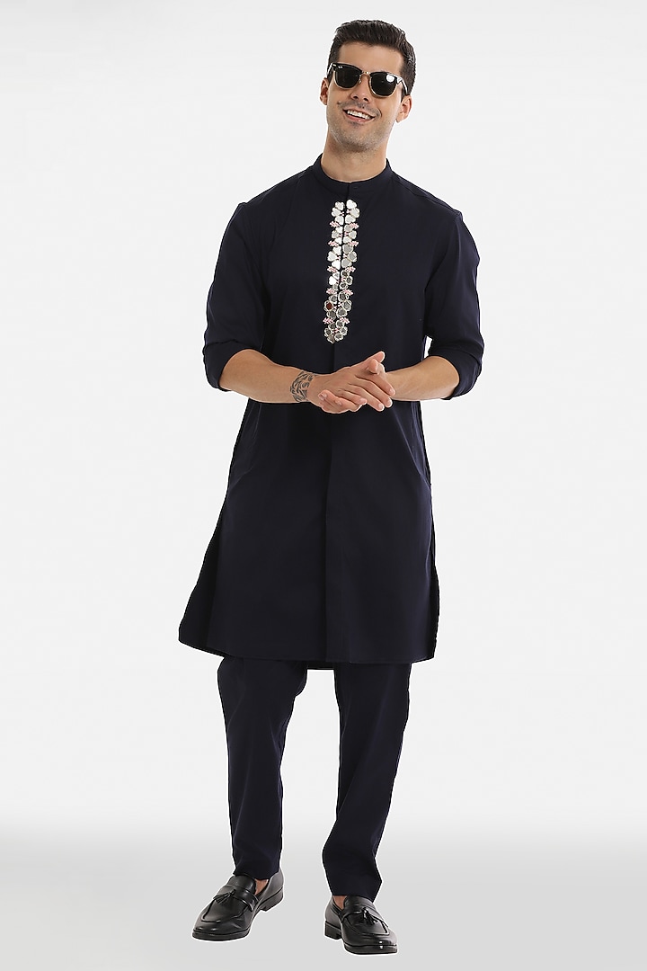 Navy Blue Cotton Mirror Embroidered Handcrafted Kurta Set by Komal Kothari at Pernia's Pop Up Shop