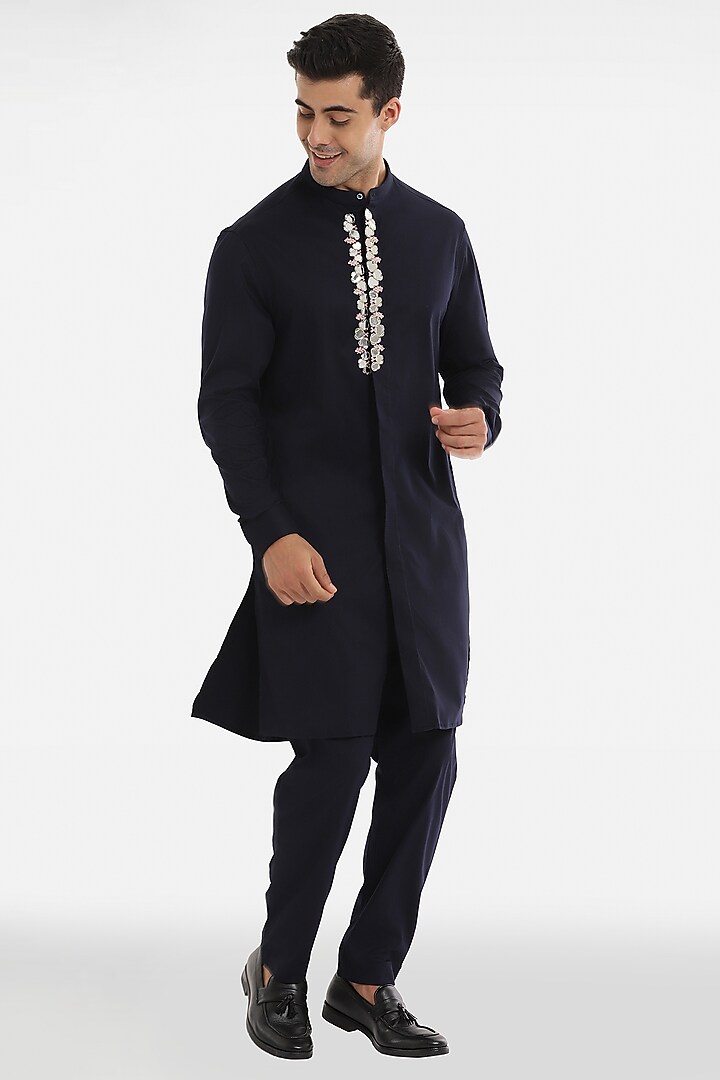 Navy Blue Cotton Mirror Embroidered Handcrafted Kurta Set by Komal Kothari at Pernia's Pop Up Shop