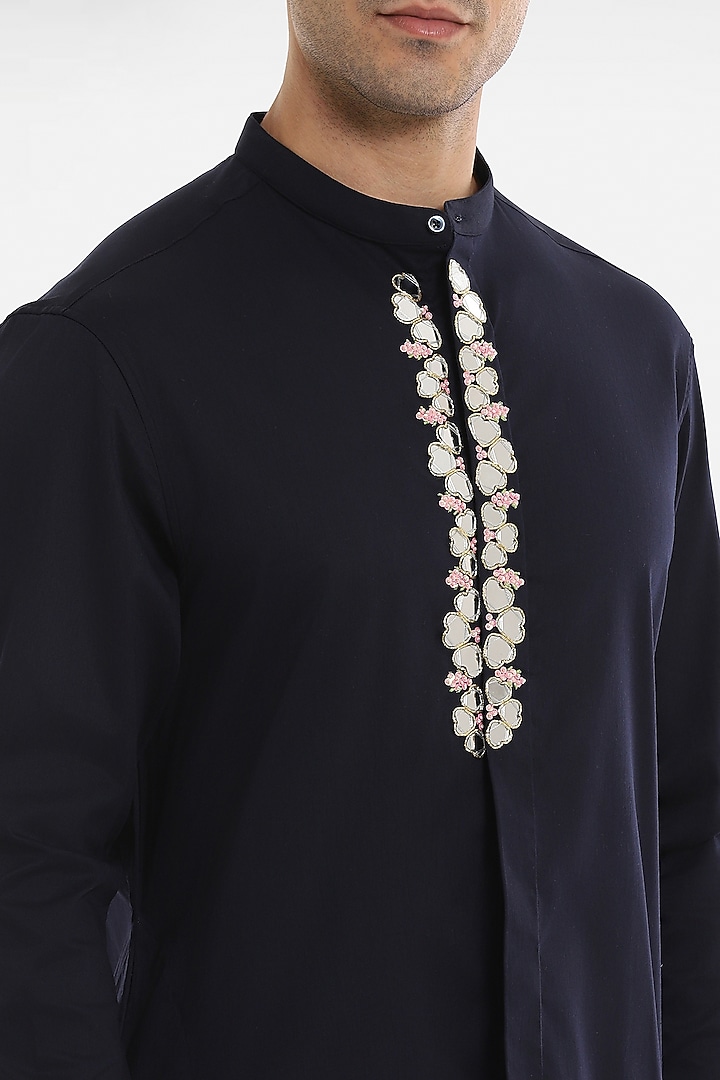 Navy Blue Cotton Mirror Embroidered Handcrafted Kurta Set by Komal Kothari at Pernia's Pop Up Shop