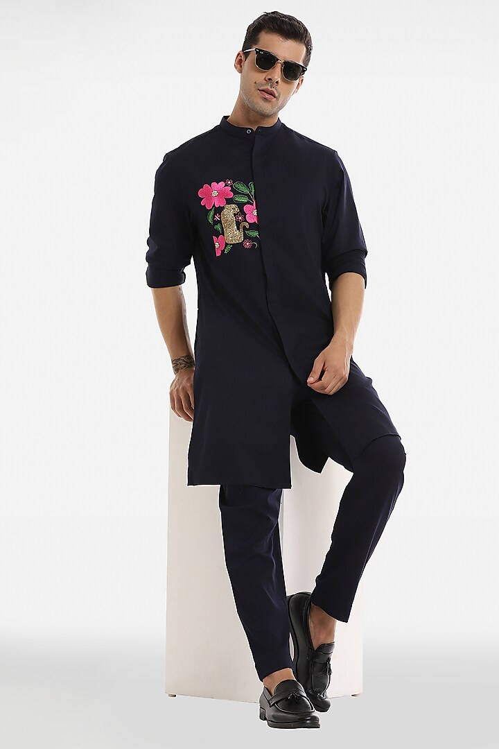 Navy Blue Cotton Handcrafted Kurta Set by Komal Kothari at Pernia's Pop Up Shop