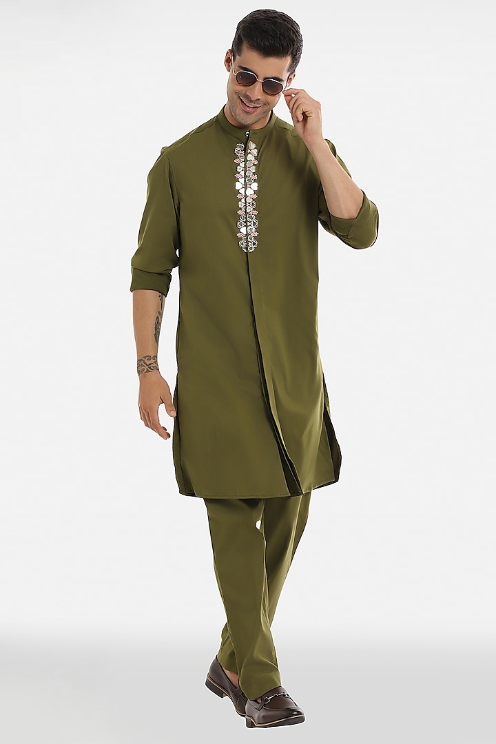 Olive Green Cotton Mirror Embroidered Handcrafted Kurta Set by Komal Kothari at Pernia's Pop Up Shop