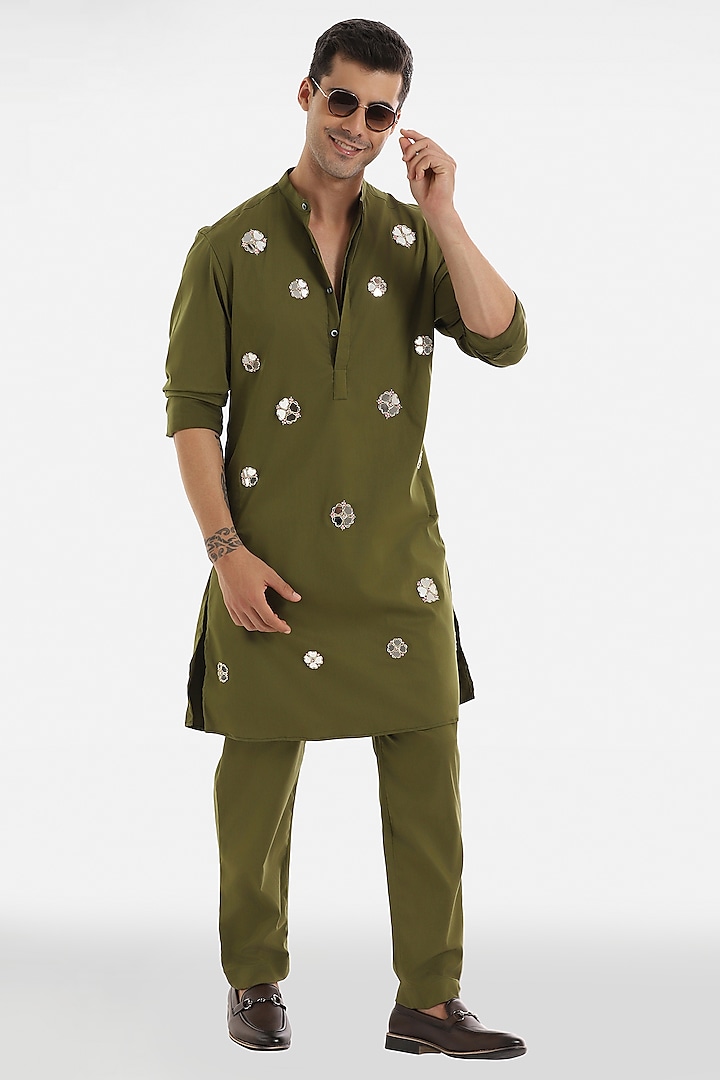 Olive Green Cotton Mirror Floral Embroidered Handcrafted Kurta Set by Komal Kothari