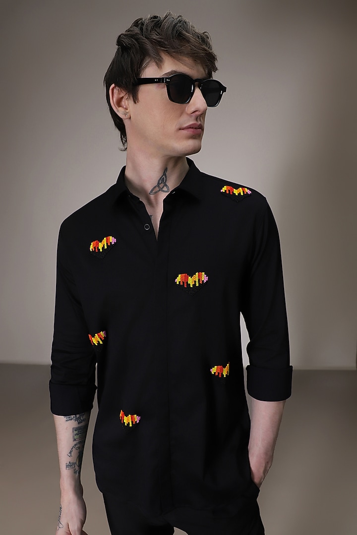 Black Cotton Satin Hand Embroidered Party Wear Shirt by Komal Kothari at Pernia's Pop Up Shop
