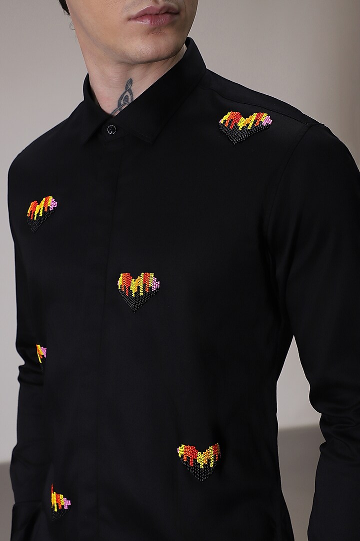 Black Cotton Satin Hand Embroidered Party Wear Shirt by Komal Kothari at Pernia's Pop Up Shop