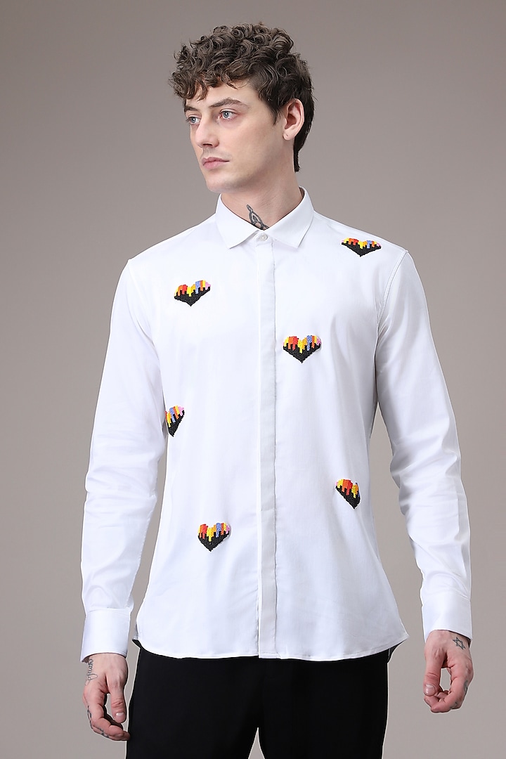 White Cotton Satin Hand Embroidered Shirt by Komal Kothari at Pernia's Pop Up Shop